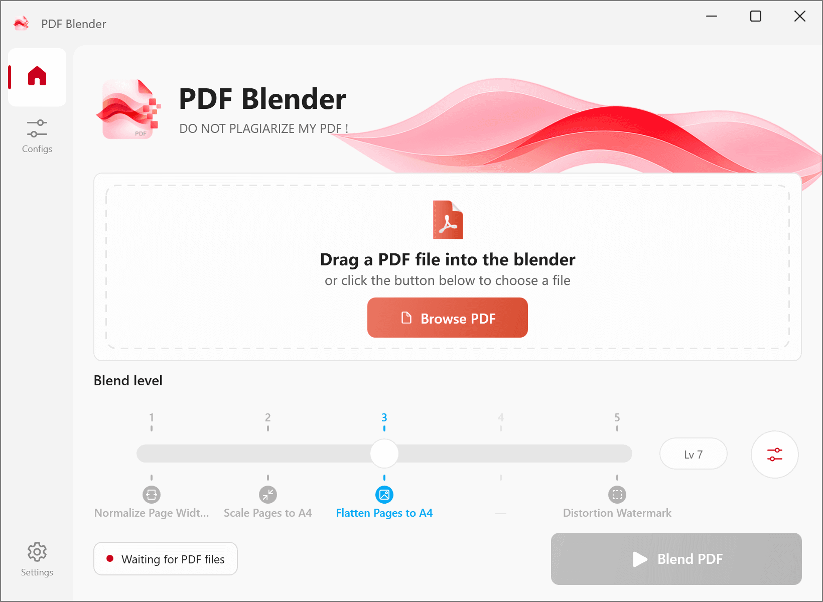 PDF Blender home with a PDF drop area, populated configuration slots and processing controls.