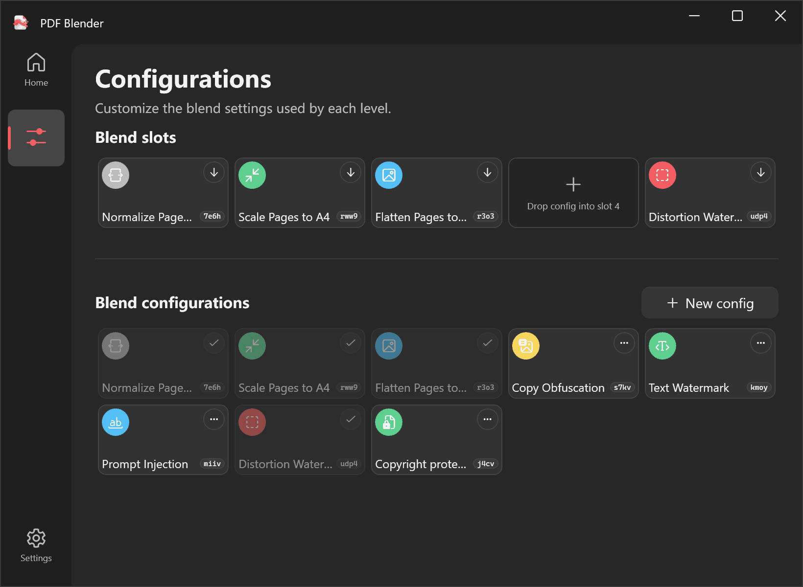 PDF Blender configuration management page with saved configurations.