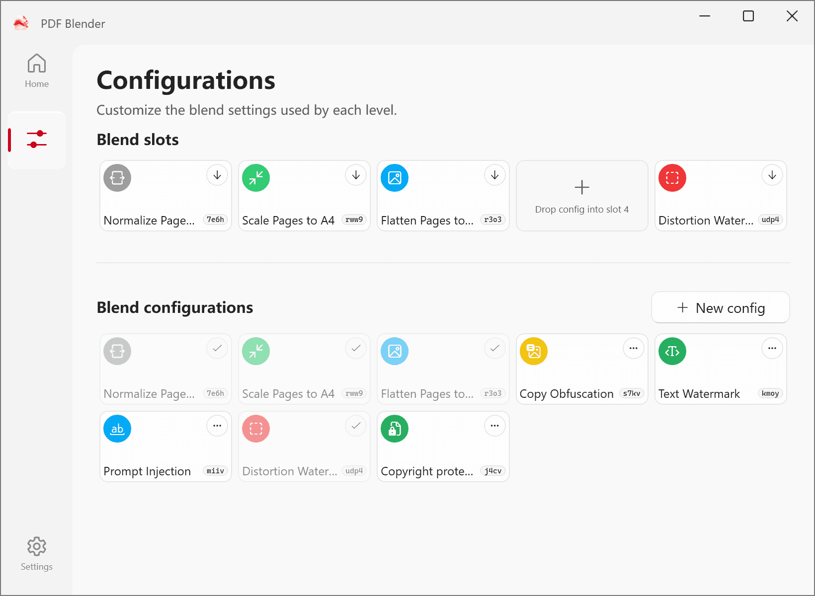 PDF Blender configuration management page with saved configurations.