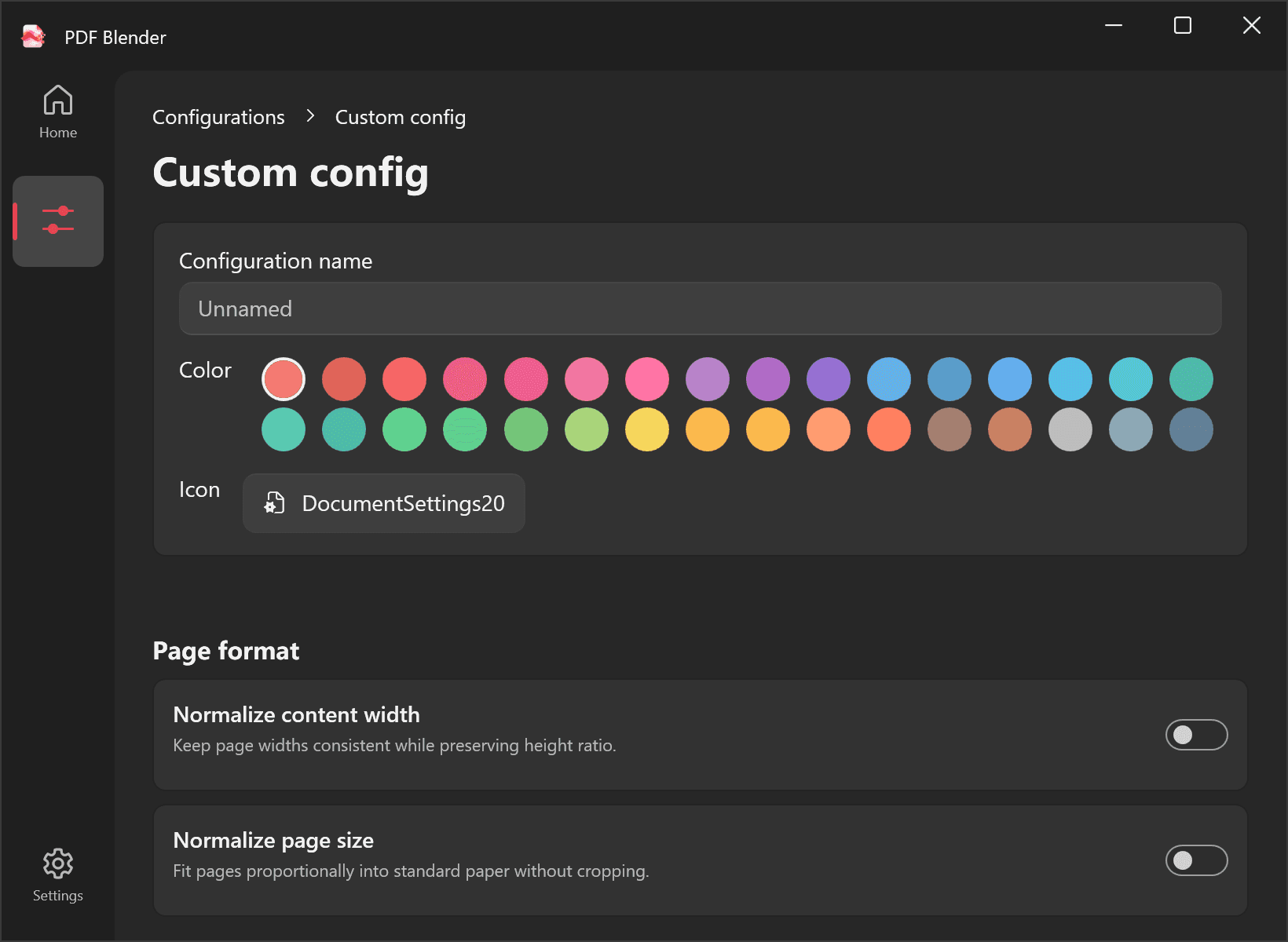 PDF Blender custom configuration editor with feature groups and switches.