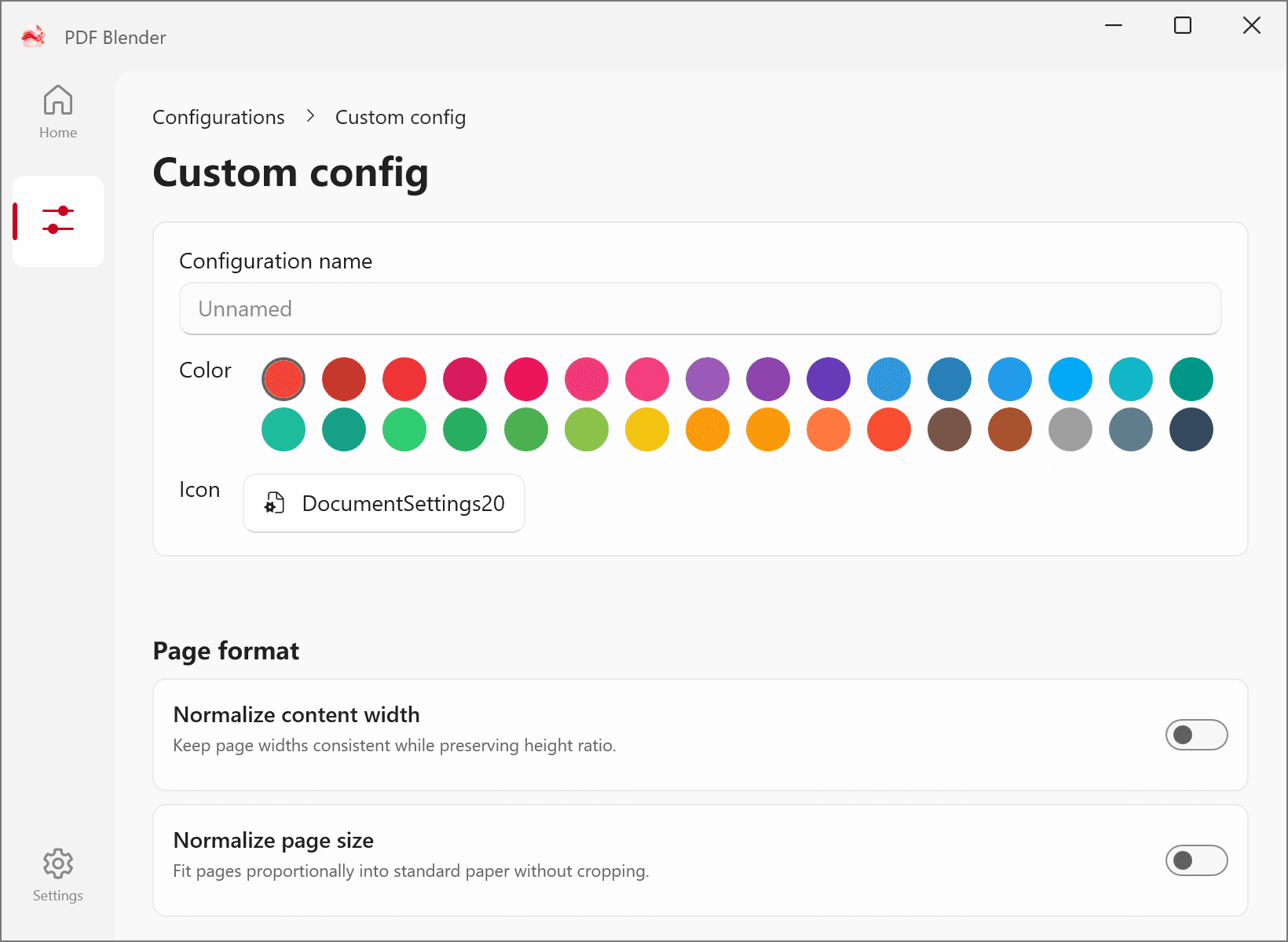 PDF Blender custom configuration editor with feature groups and switches.