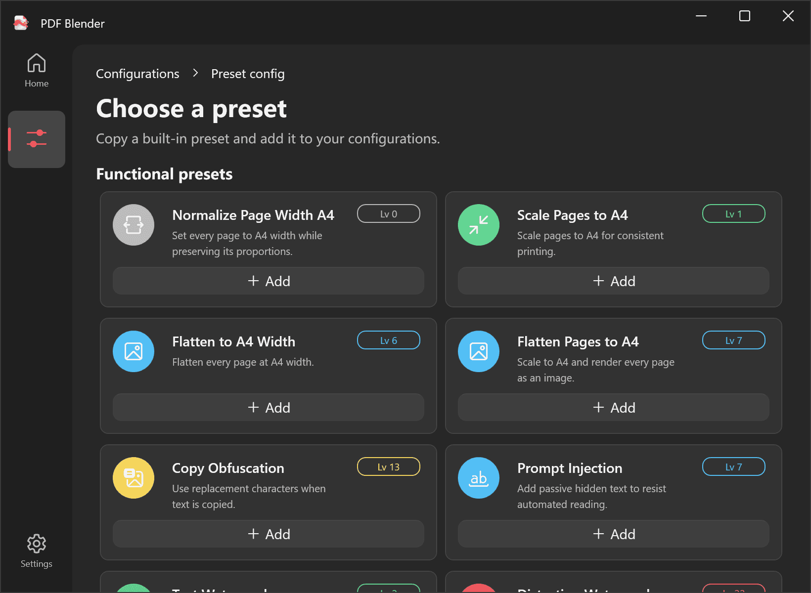 PDF Blender preset configuration page with available presets.