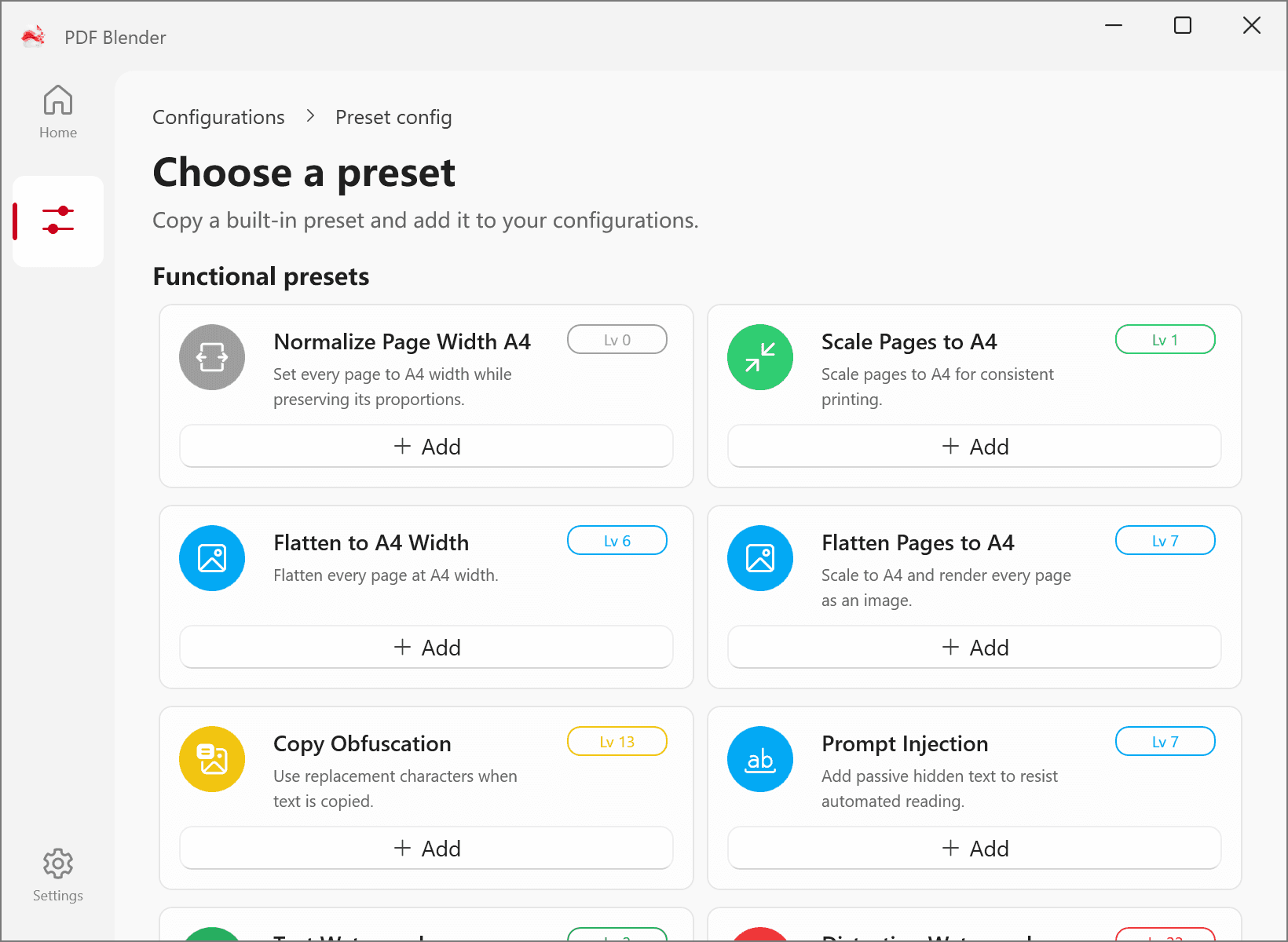 PDF Blender preset configuration page with available presets.